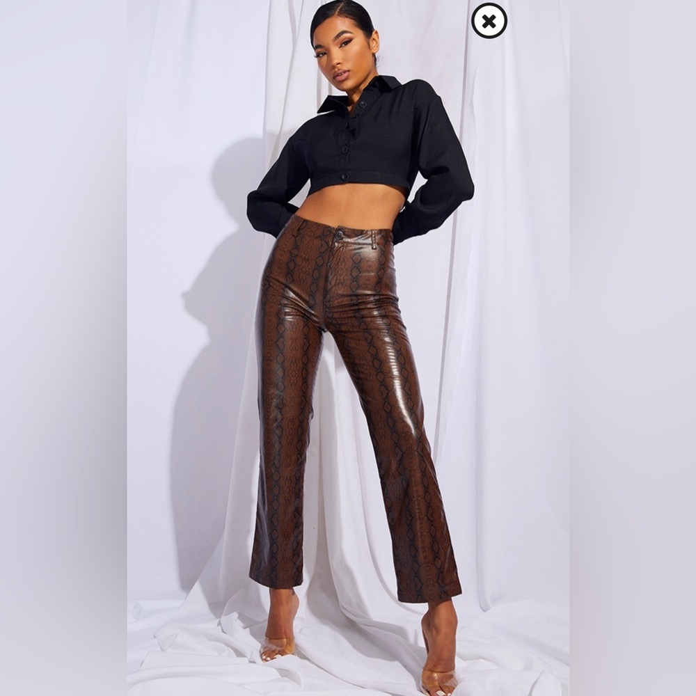 PRETTY LITTLE THING Brown Faux Leather Snake Print Cropped Straight Leg Pants